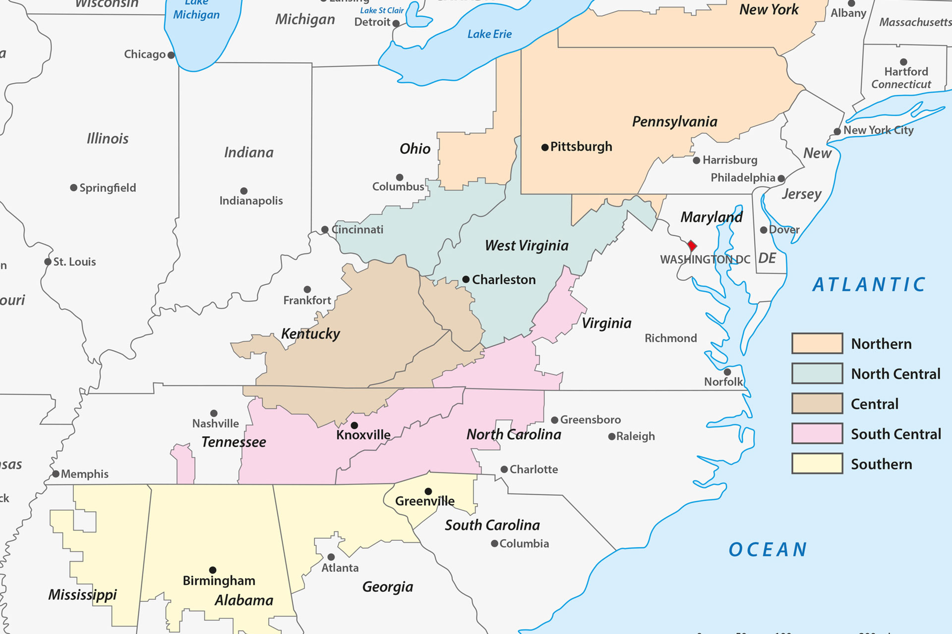 Administrative map of the Appalachia region in the eastern United States.