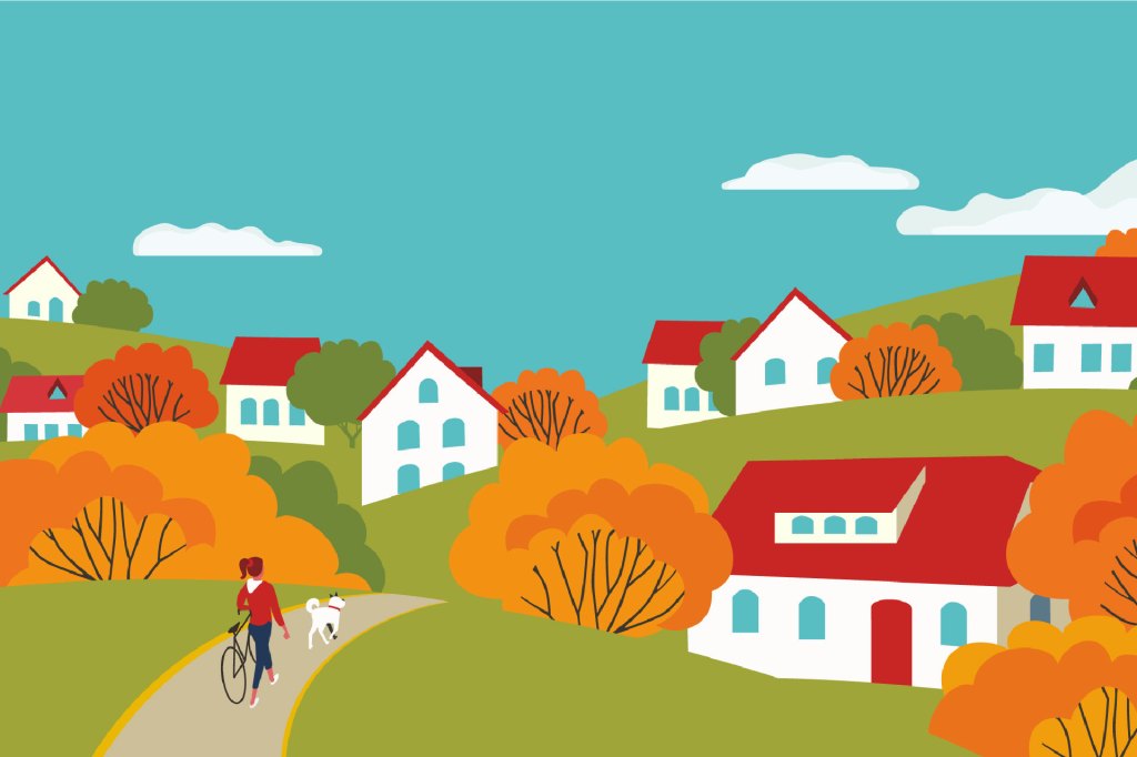 Countryside houses, rural community calm lifestyle cartoon illustration.