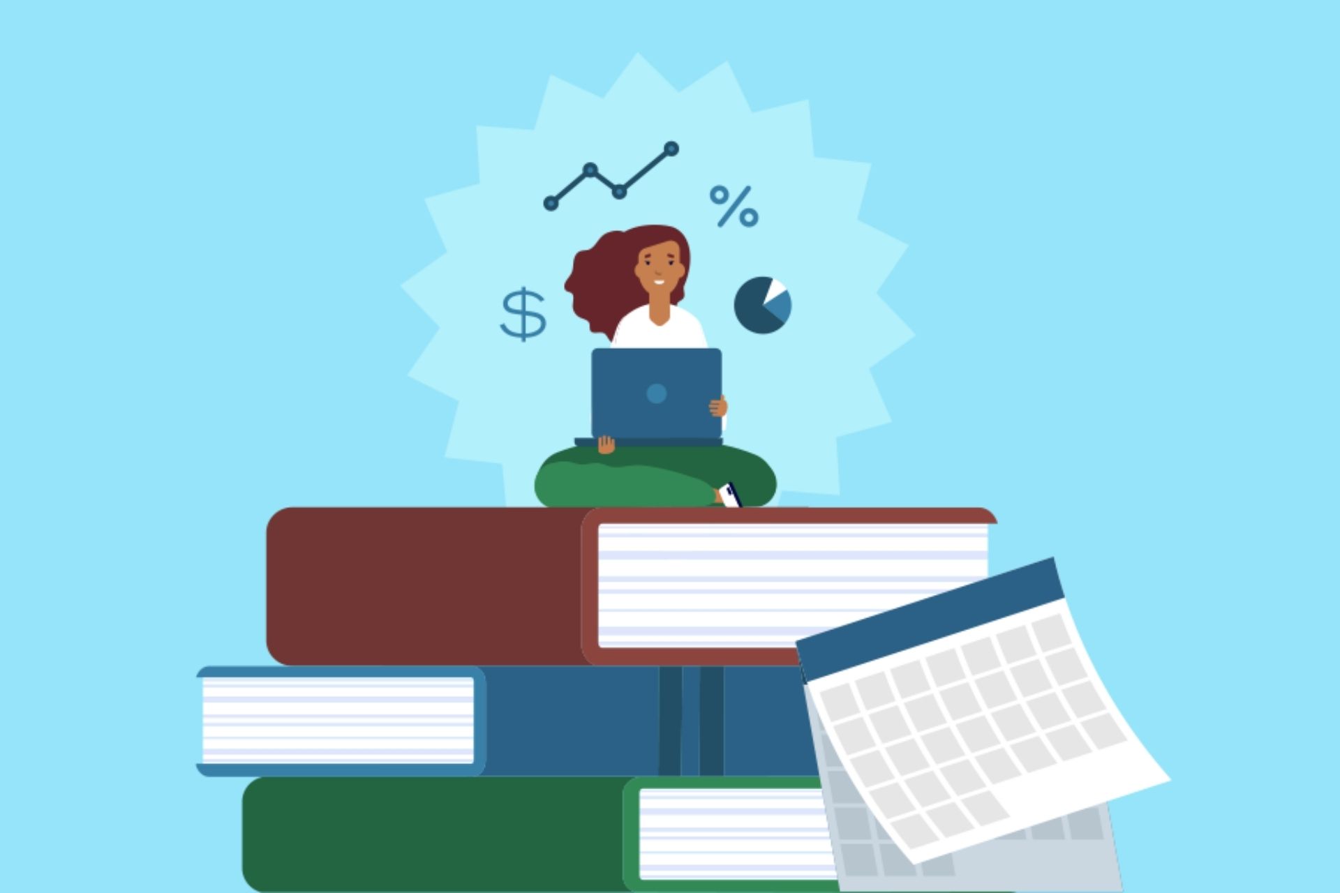 Illustration of student sitting on stack of textbooks