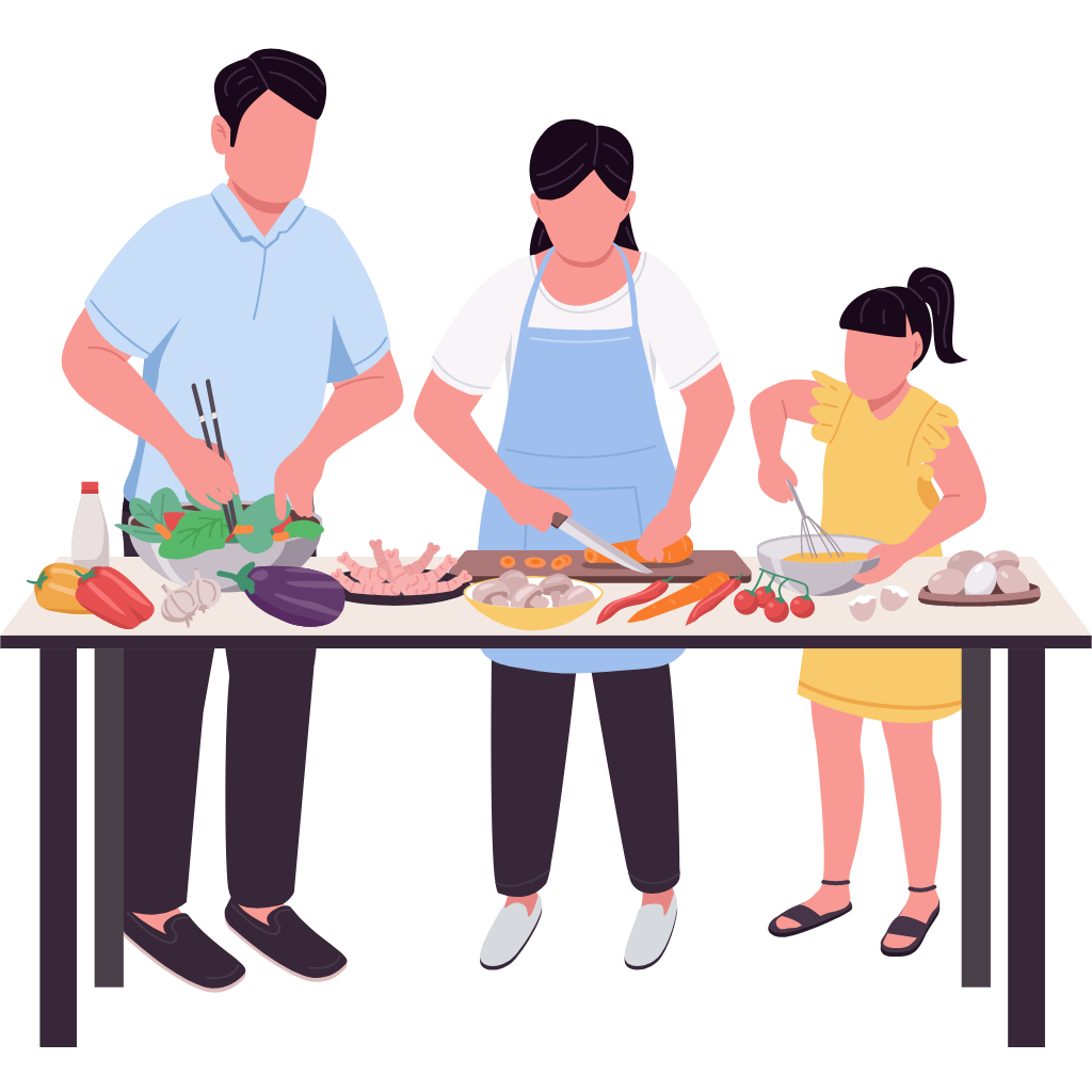 Illustration of man, woman and child preparing food