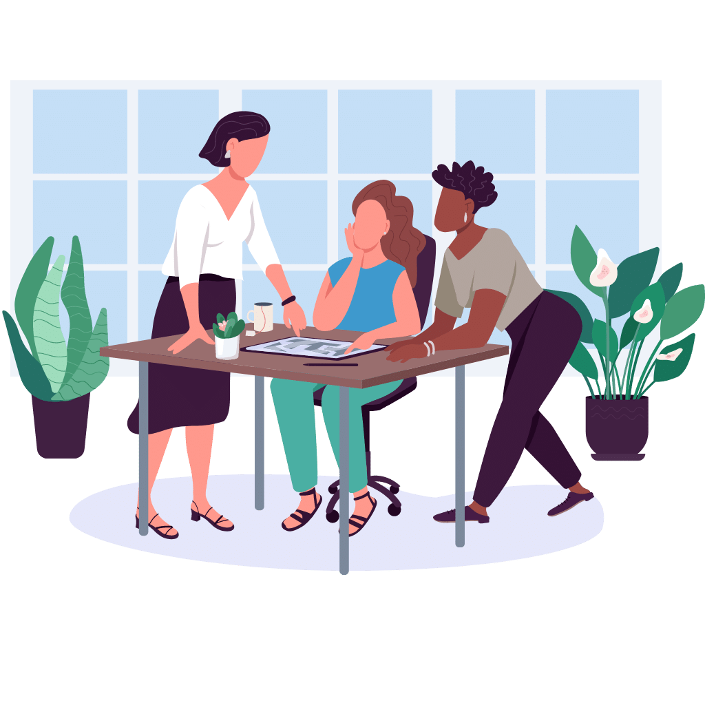 Illustration of three women around table with two potted plants in the background