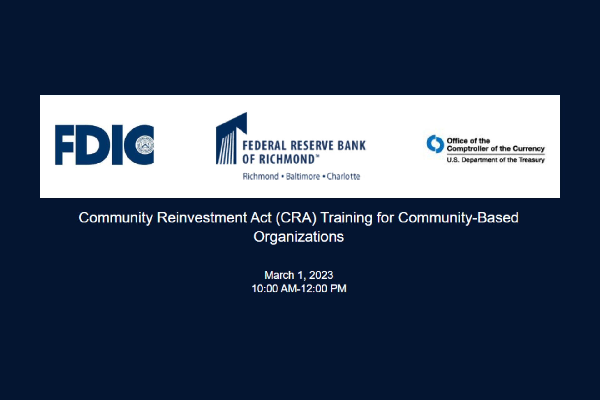 March 1, 2023 Community Reinvestment Act training for Community Based Organizations