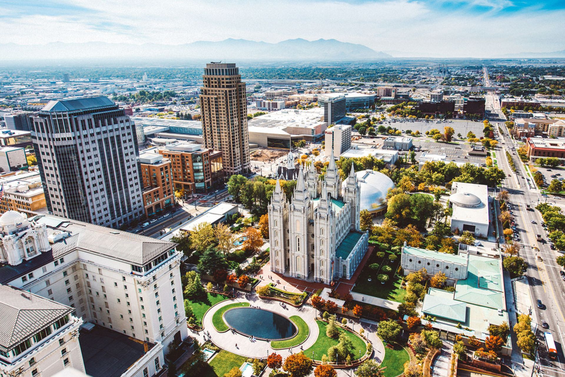 Aerial view of Temple Square in Salt Lake City, UT