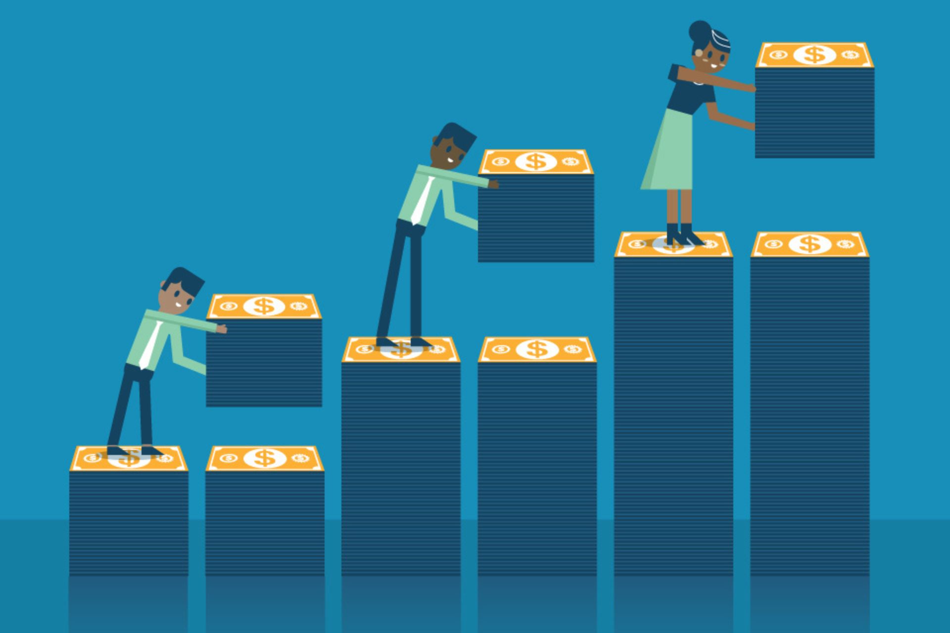 Illustration of three people standing on stacks of money of varying heights, which get taller