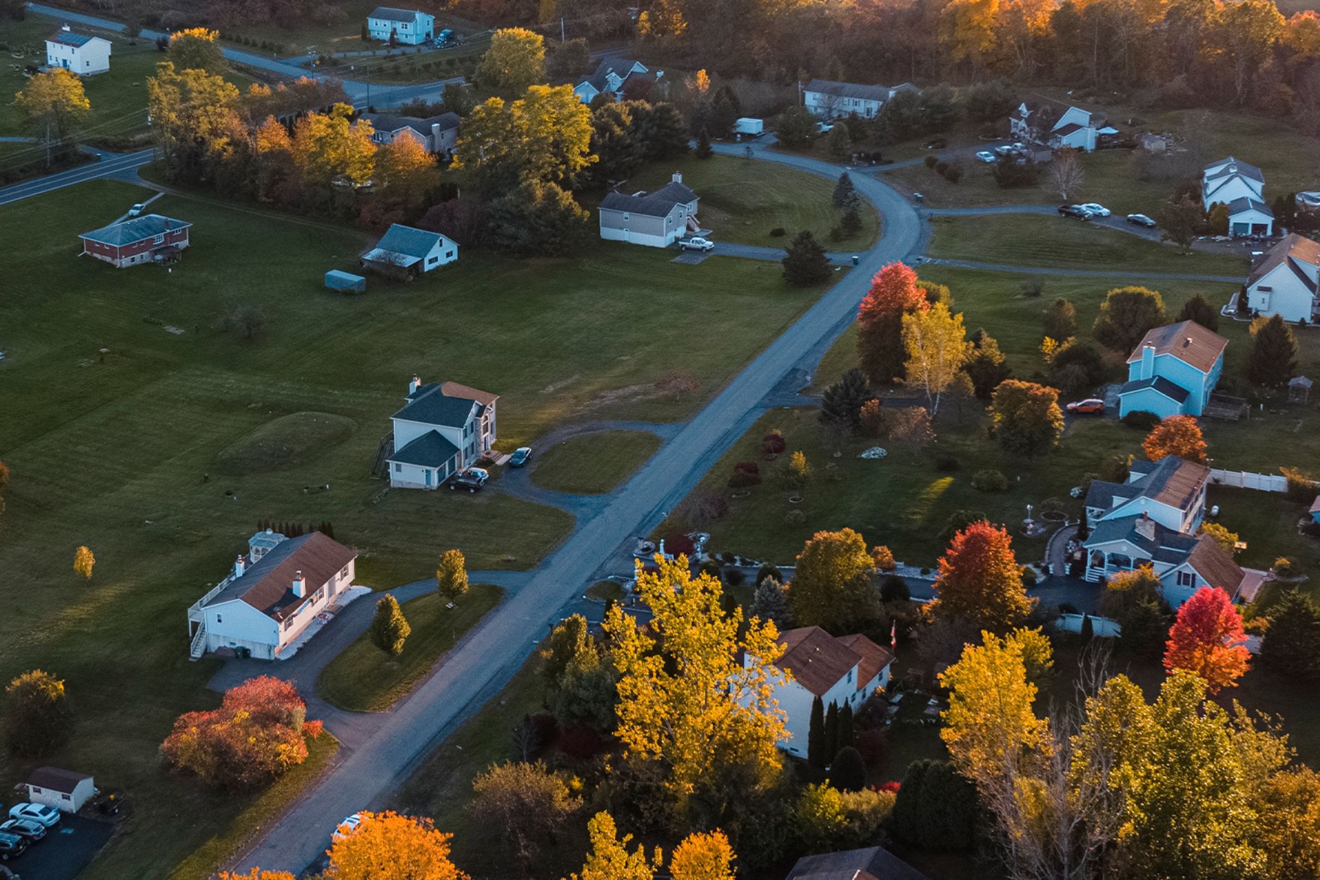 Aerial view of houses in rural community