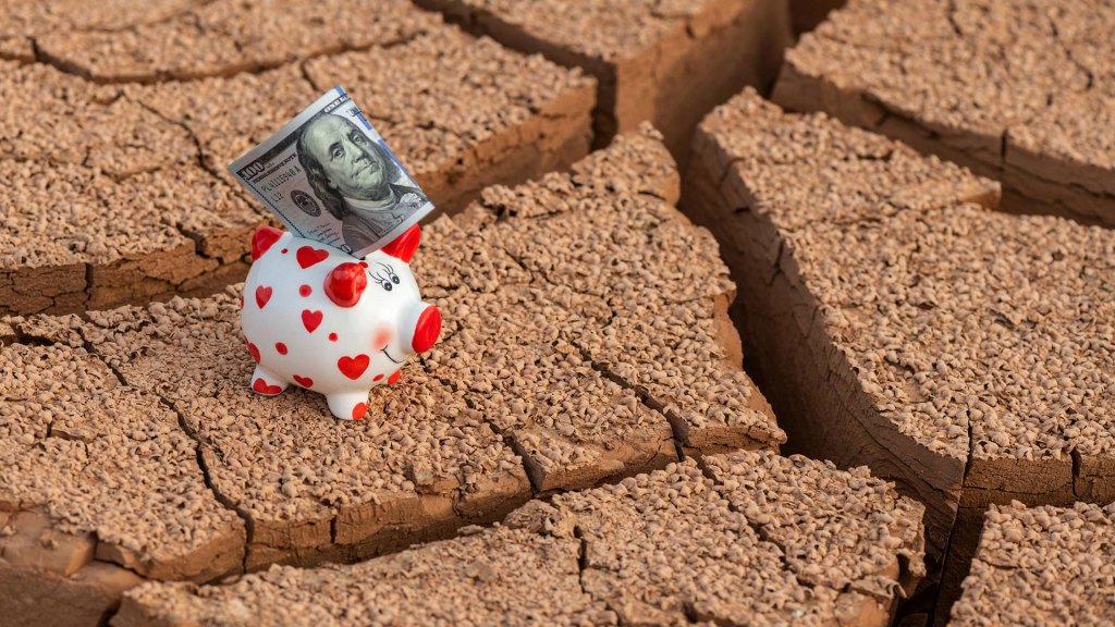 A piggy bank with a $100 US bill sticking out of it, in the middle of the desert