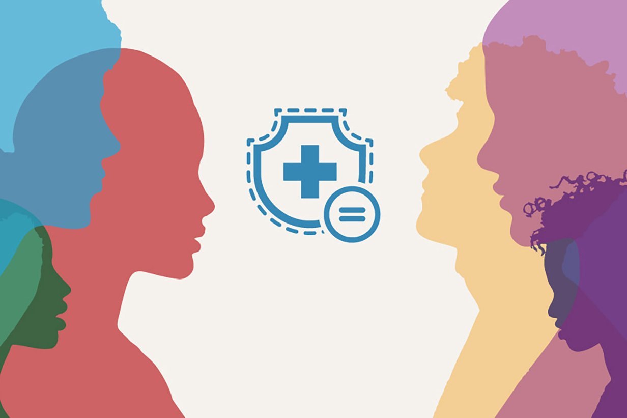 Diverse faces with a health sign showing positive relationship with health and equality.