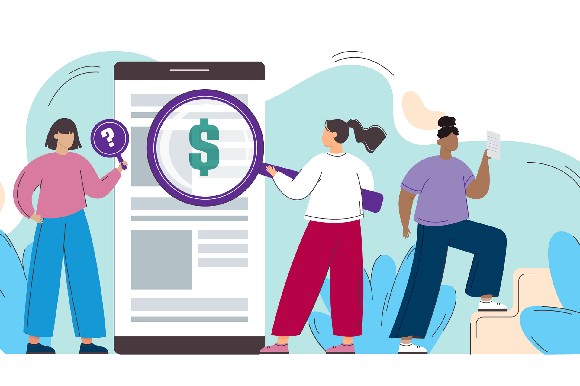Illustration representing a group of people examining online payments.