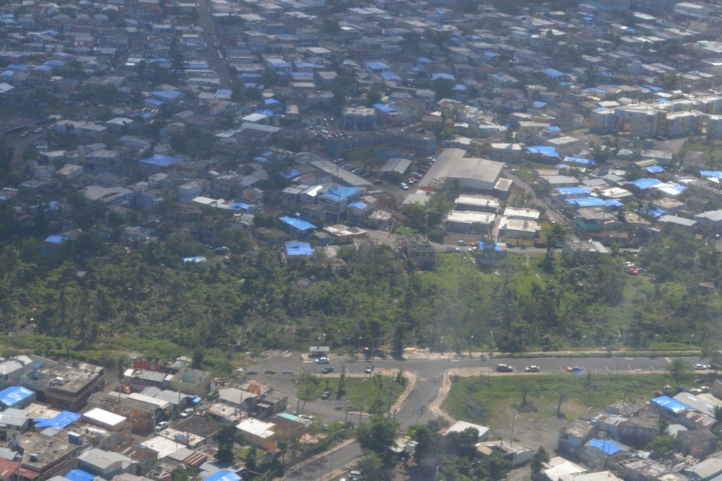 Blue tarps over homes and businesses in Puerto Rico after a hurricane.