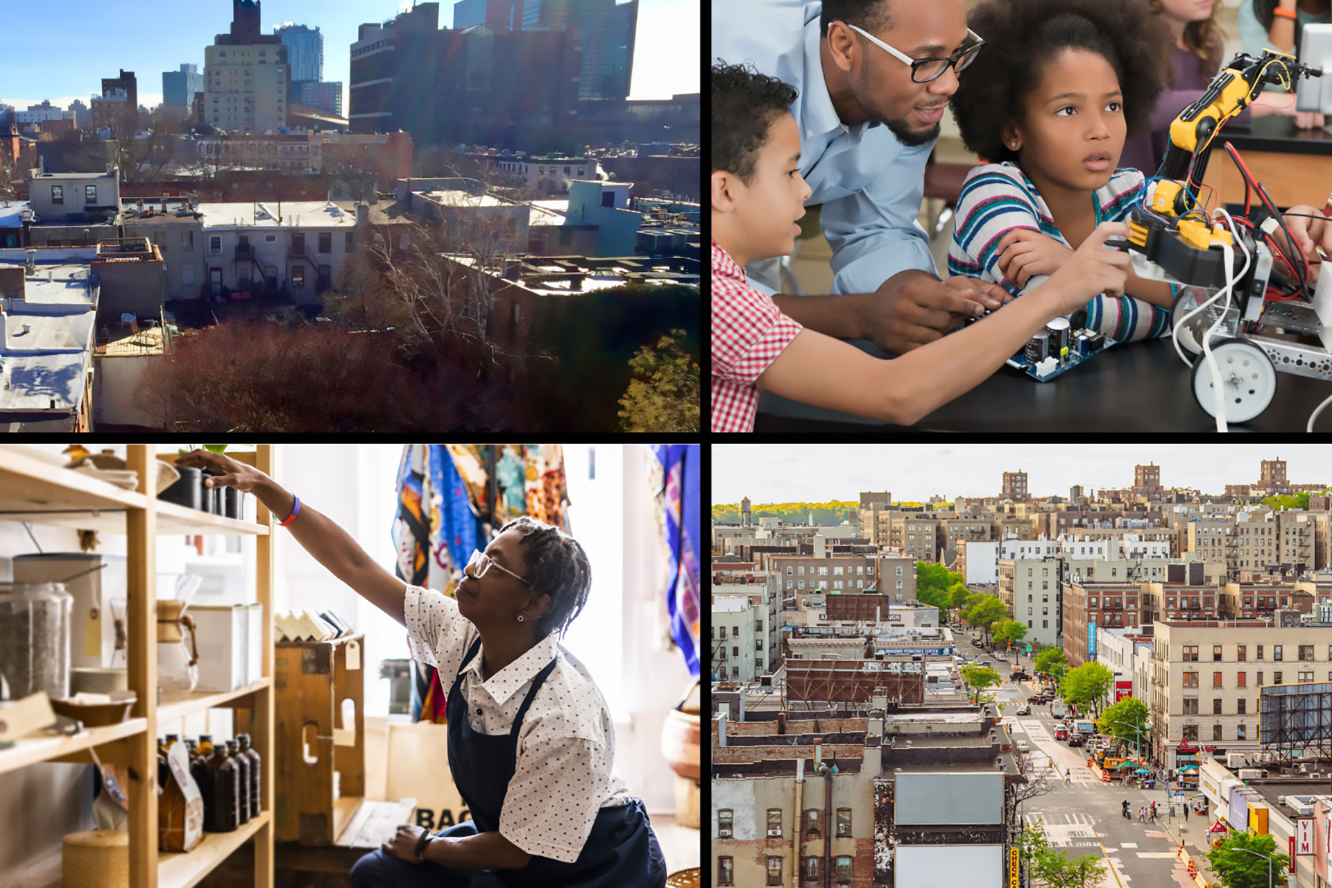 A collage of pictures showcasing New York city from housing, business district, to a teacher helping young students learn robotics, and a shopkeeper stocking shevels.