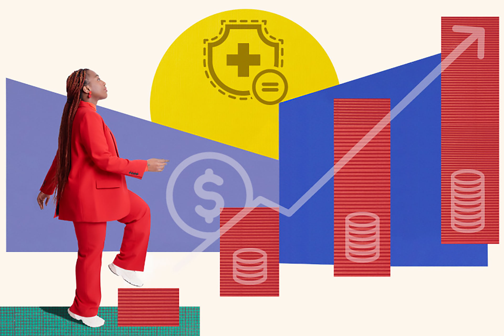 Woman in red suit stepping up a bar graph surrounded by growth and finance symbols