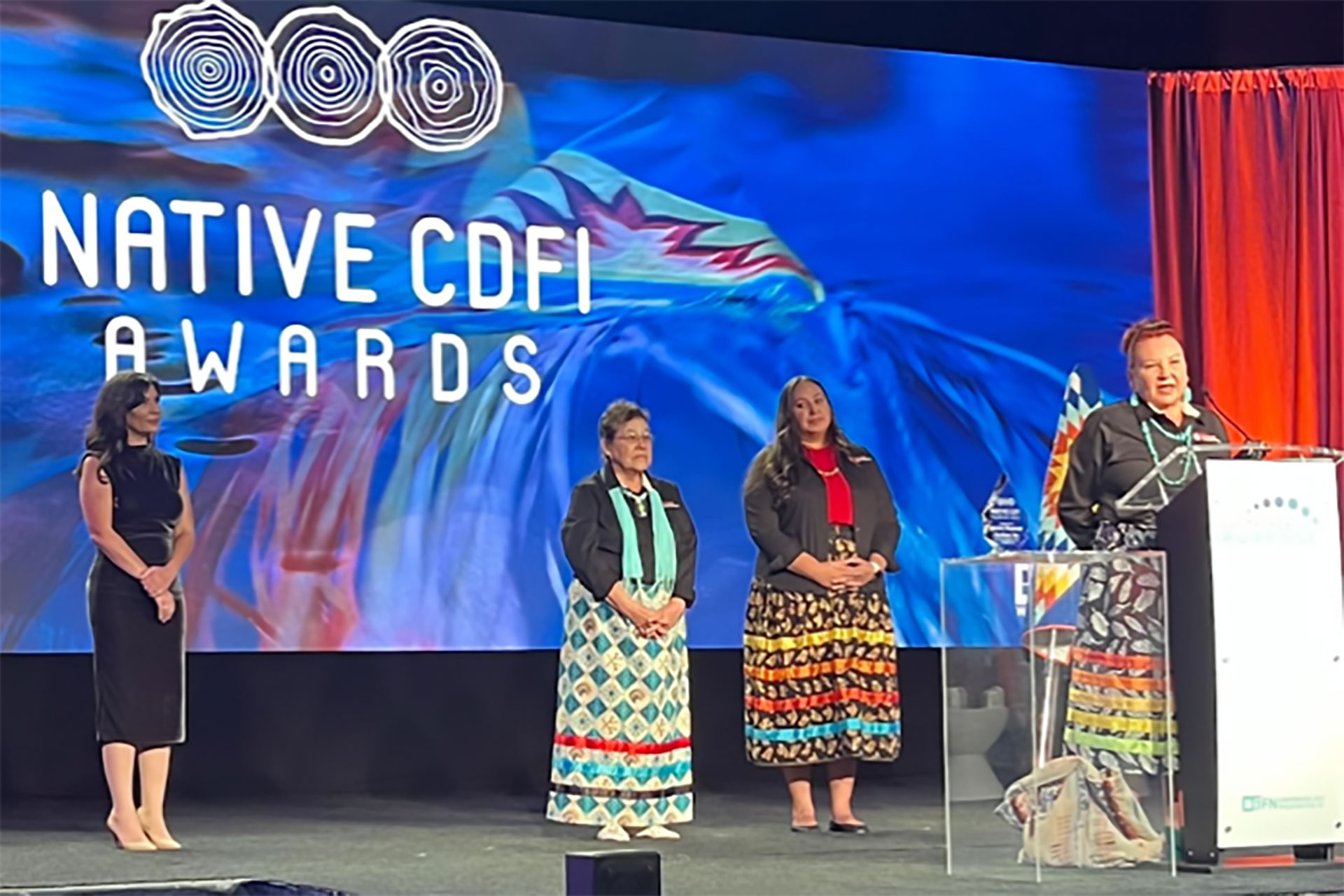 NACDC Financial Services one of two awardees at the national Native CDFI Awards banquet in Washington, D.C.. Left to right is Patty Gobert, Leona Antoine, and Angie Main.