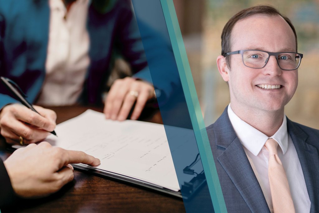 Photo collage of a person signing a document on the left side of the image and Minneapolis Fed Regional Outreach Director Joe Mahon on the right side of the image.