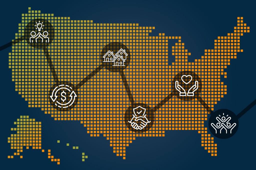 Map of the United States with various community development icons represented from collaboration, housing, community, investment, and education.