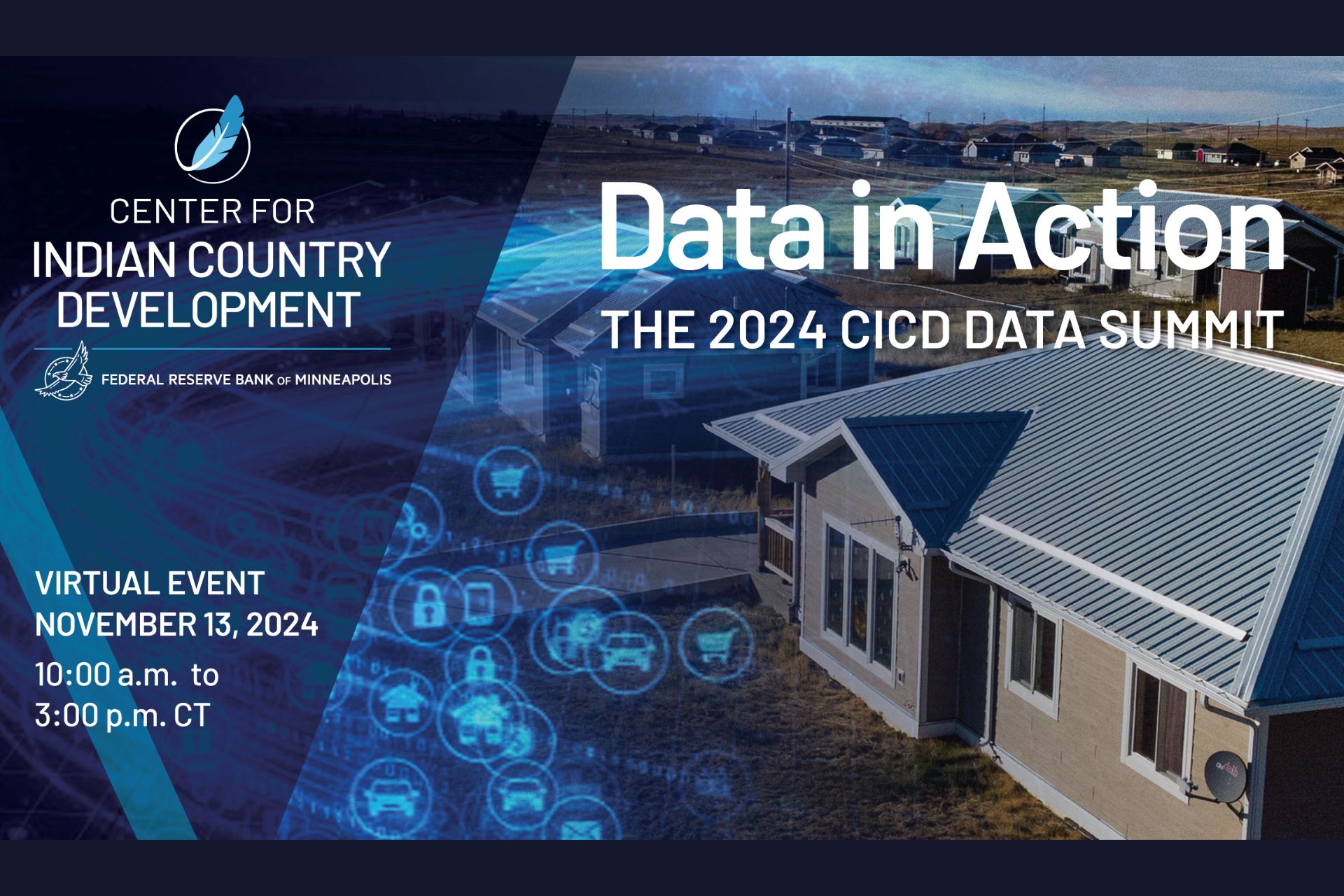 Center for Indian Country Development logo by a technology concept of digitalized icons connected to visualize data in action next to a native community housing development.