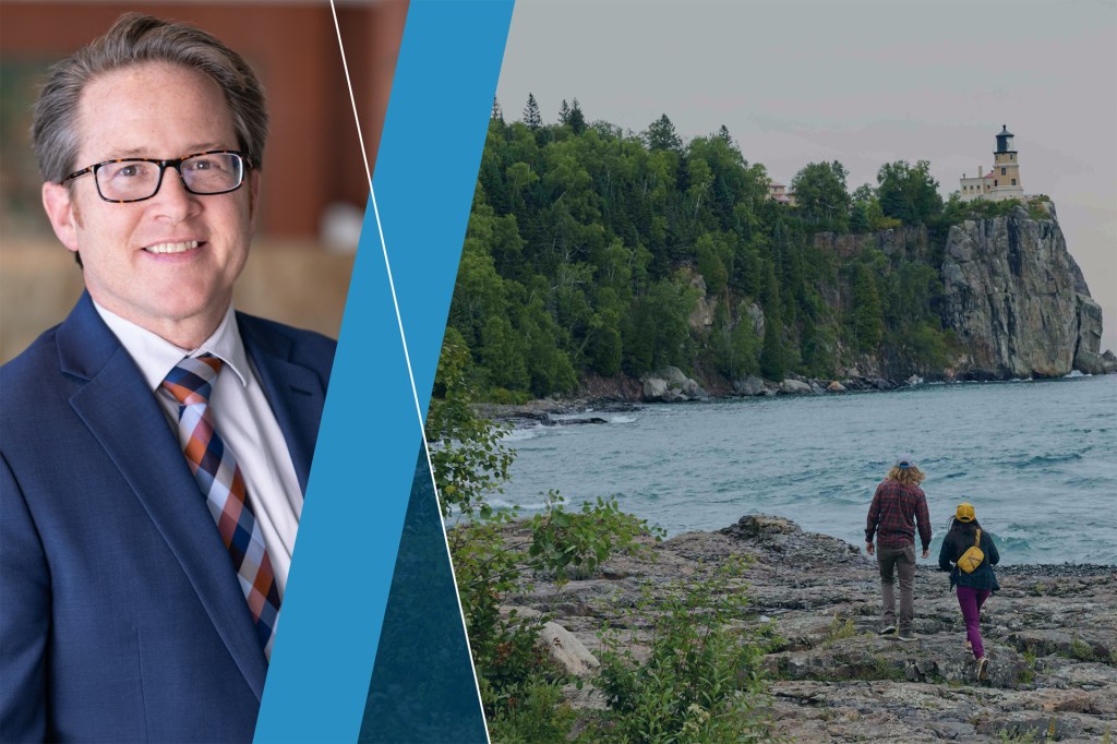 Headshot of Ron Wirtz next to an image of Split Rock Lighthouse, Lake Superior Minnesota