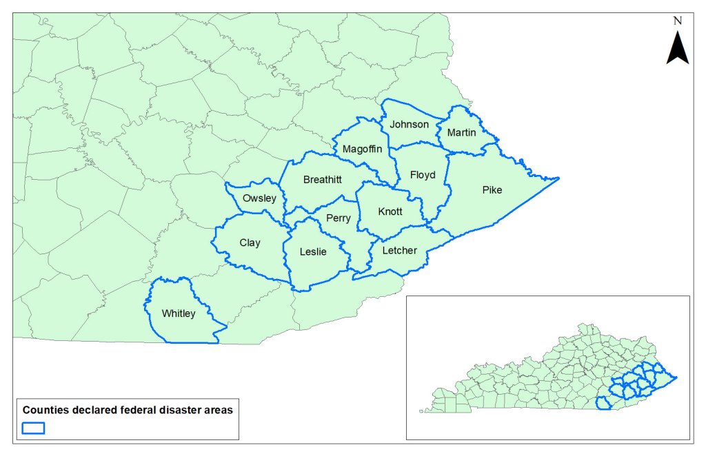 Topographical map of Kentucky with a close up of several counties in Eastern Kentucky that were declared federal disaster areas due to flooding.