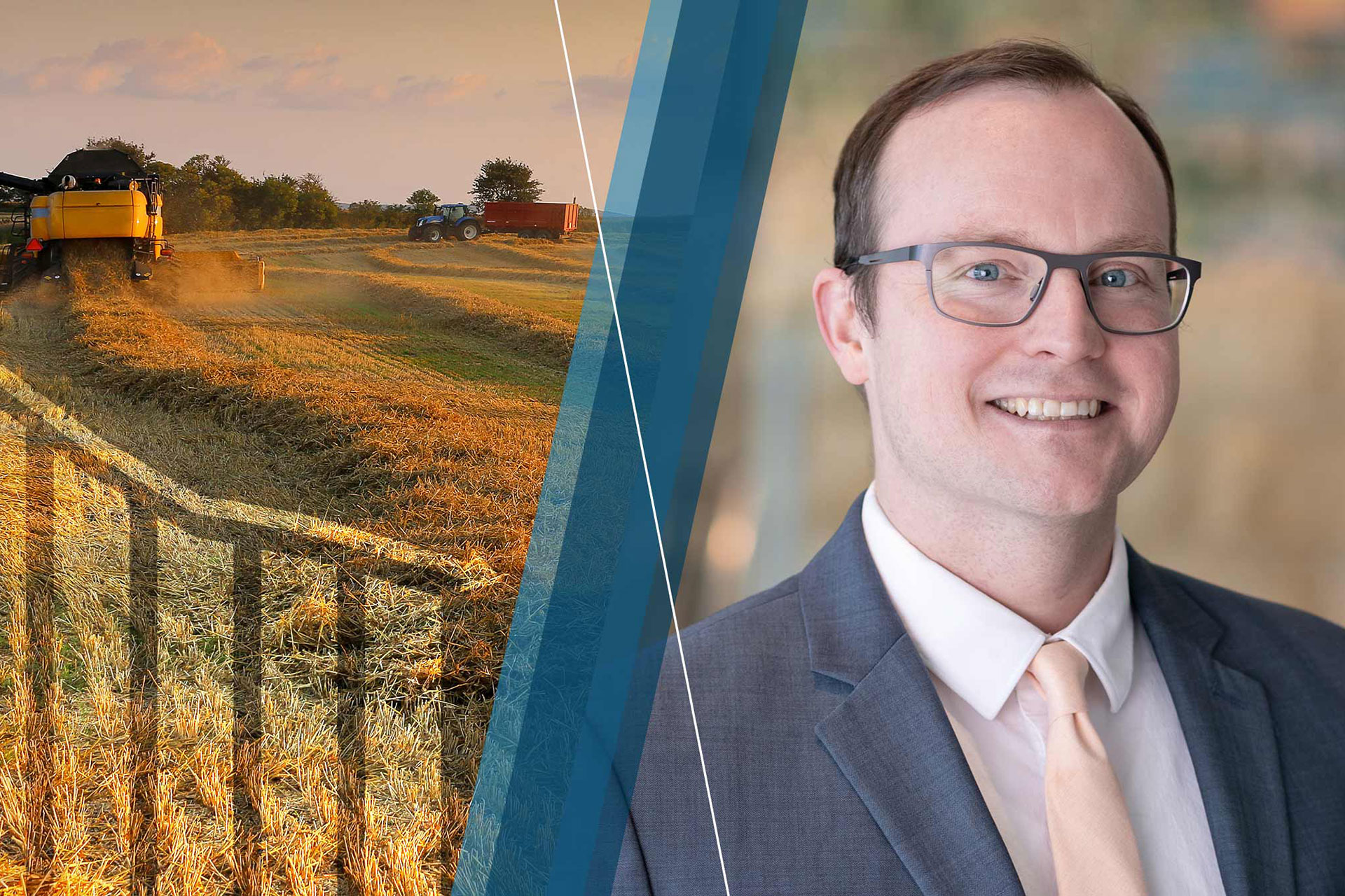 Picture of farm equipment harvesting a field next to a headshot of Joe Mahon, Director, Regional Outreach, Minneapolis Fed