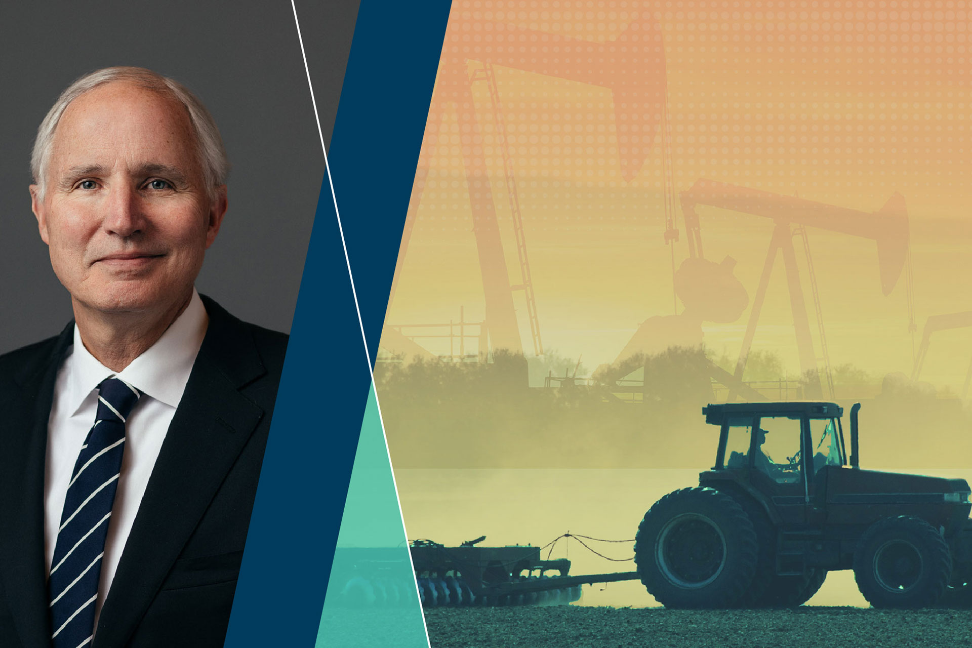 Headshot of Jay Debertin along side images of a combine flowing a field, and oil rigs.