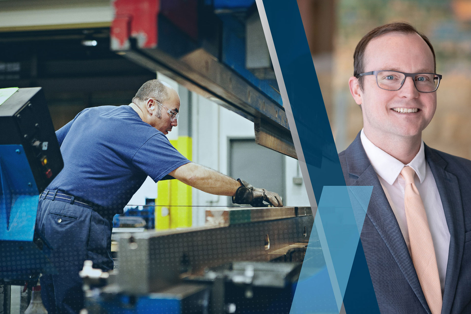 A person working in a manufacturing plant next to a headshot of Joe Mahon