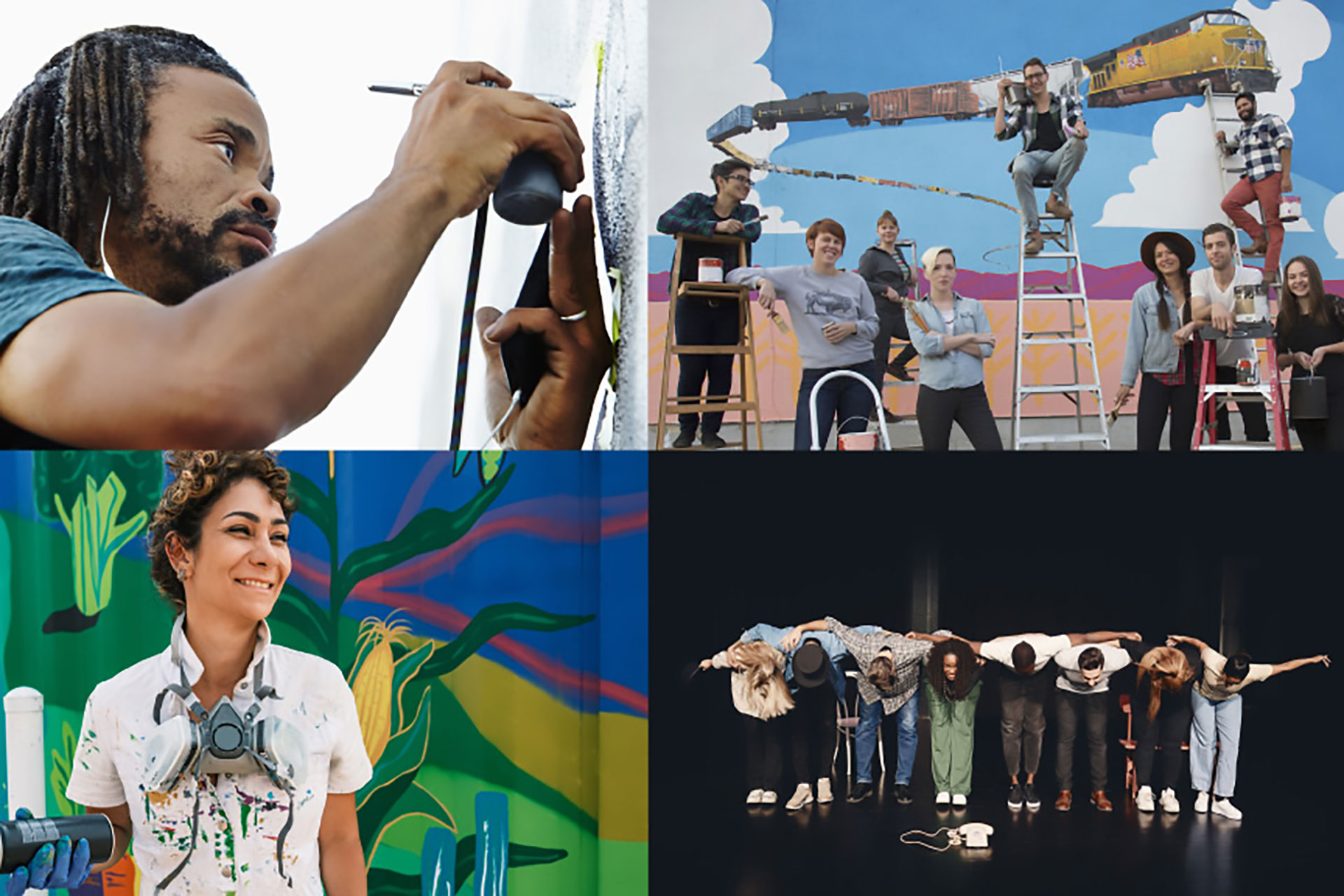 A photo collage of a variety of people working in creating spaces from mural artist to a group of people bowing after a performance.