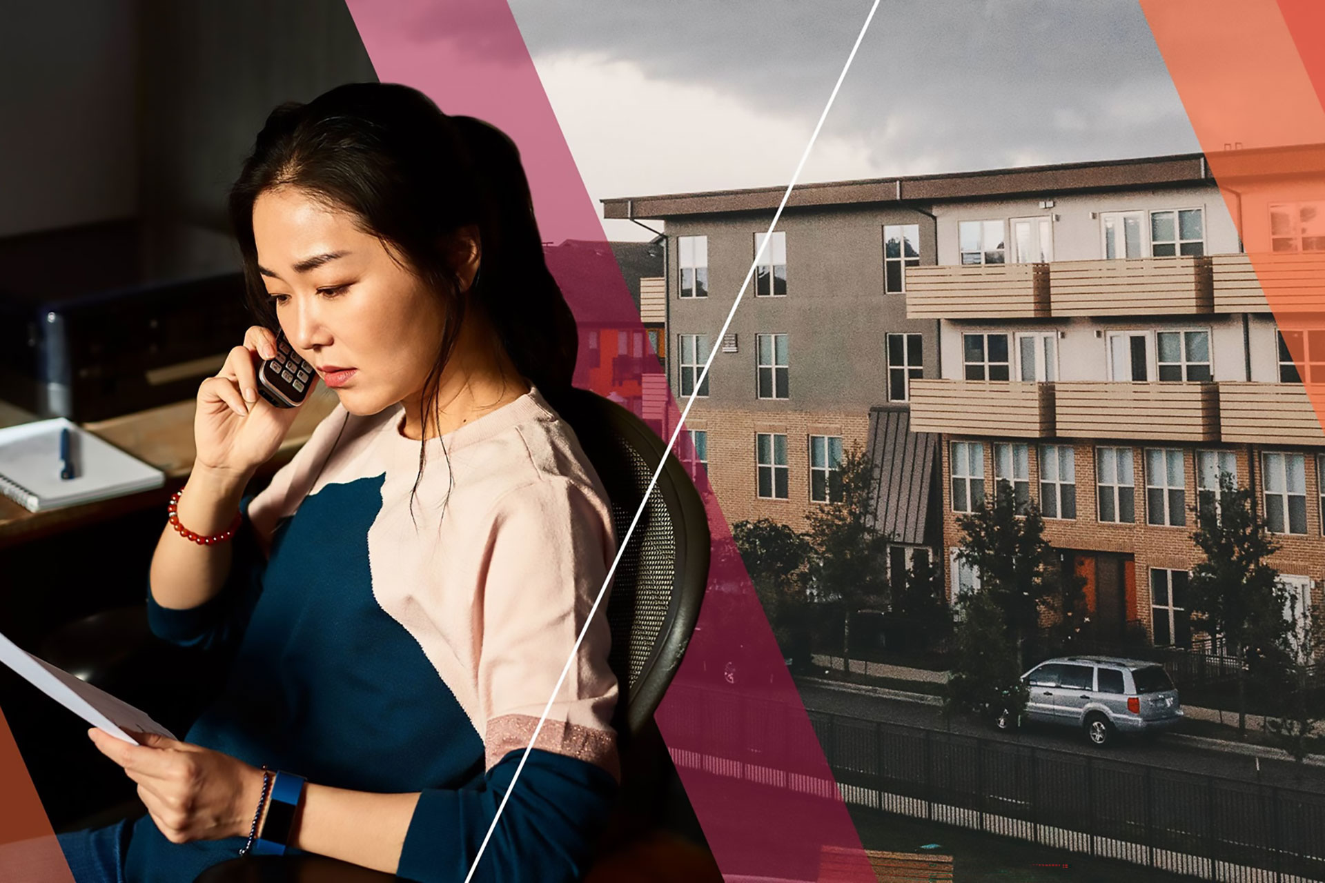 A woman on the phone reviews a mortgage statement next to a housing complex.