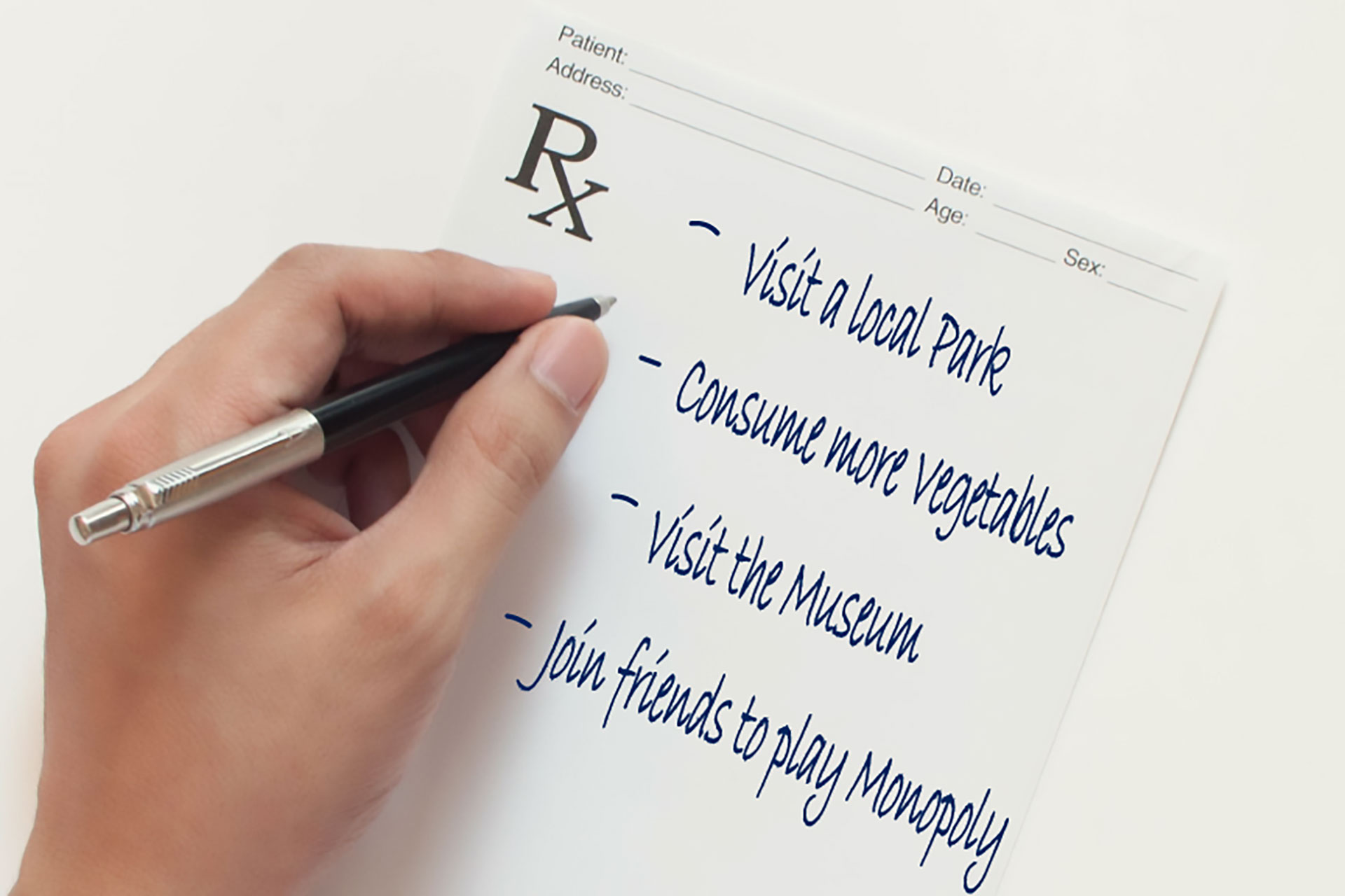 Prescription pad with a list of activities to help people socialize.