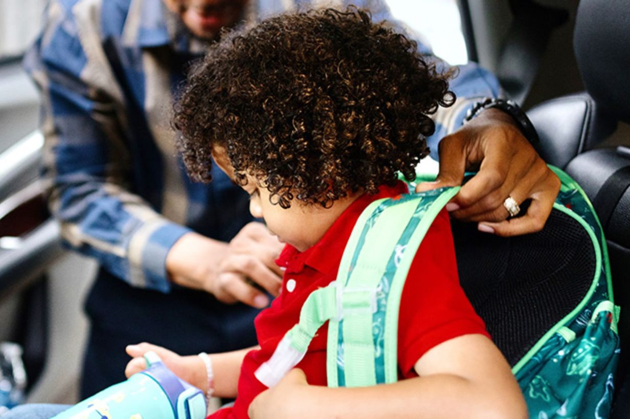 stock image of male helping child into car