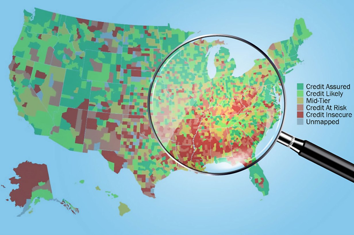 Map of the United States with areas of credit insecurity outlined from green (credit assured) to red (credit insecure)
