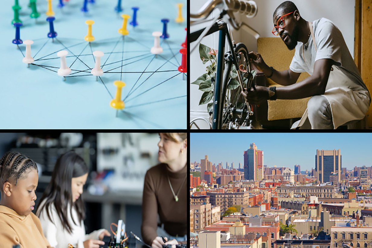 A collage of images including a person working on their bike, a teacher assisting students with a STEM activitiy, and a rooftop shot of buildings in New York, New York.