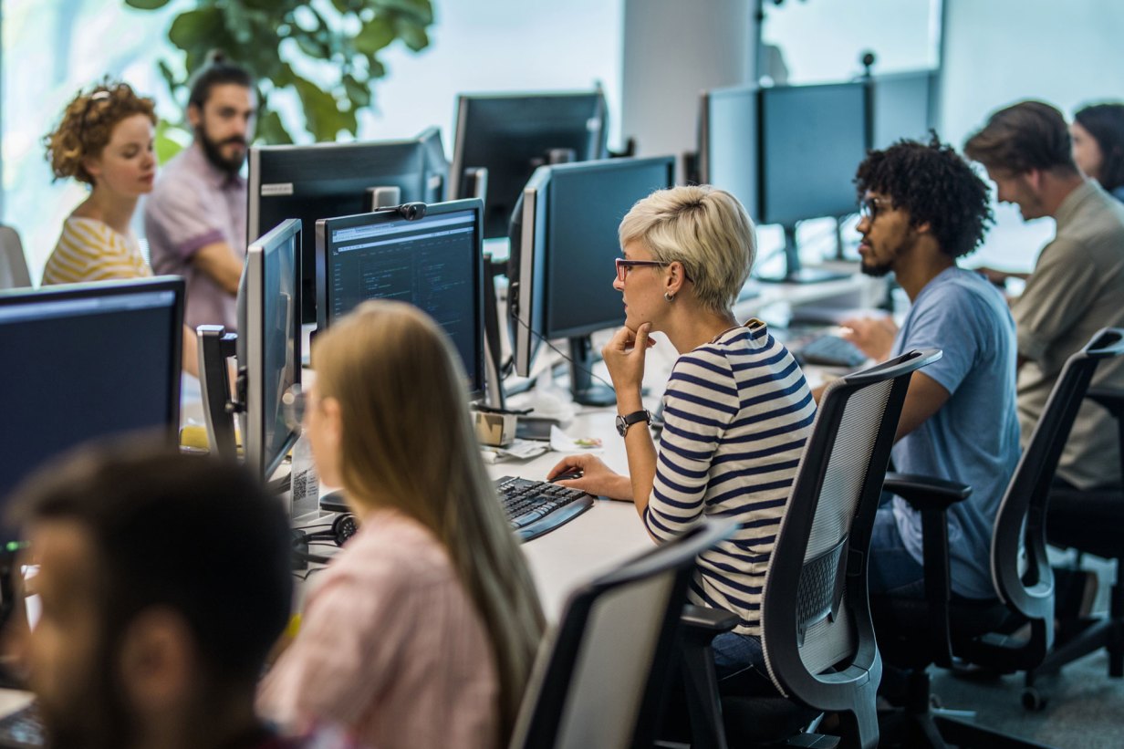 Large group of programmers developing new software in the office.