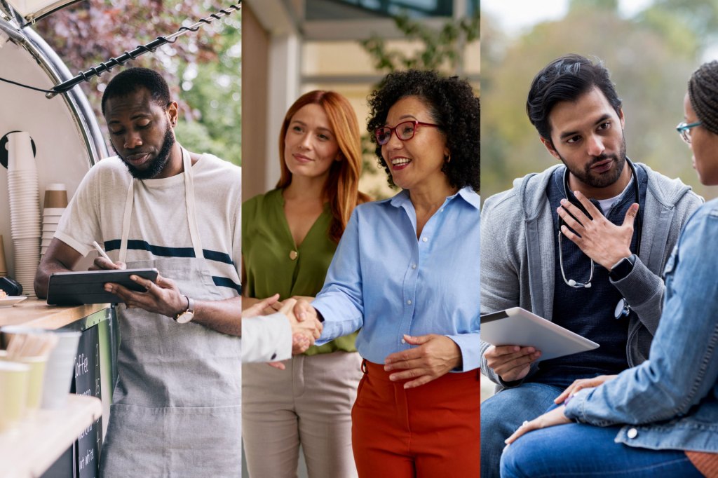 A photo collage of people in a work setting, included a person working a mobile coffee shop, a real estate agent greeting clients, and a medical professional consulting a patient.