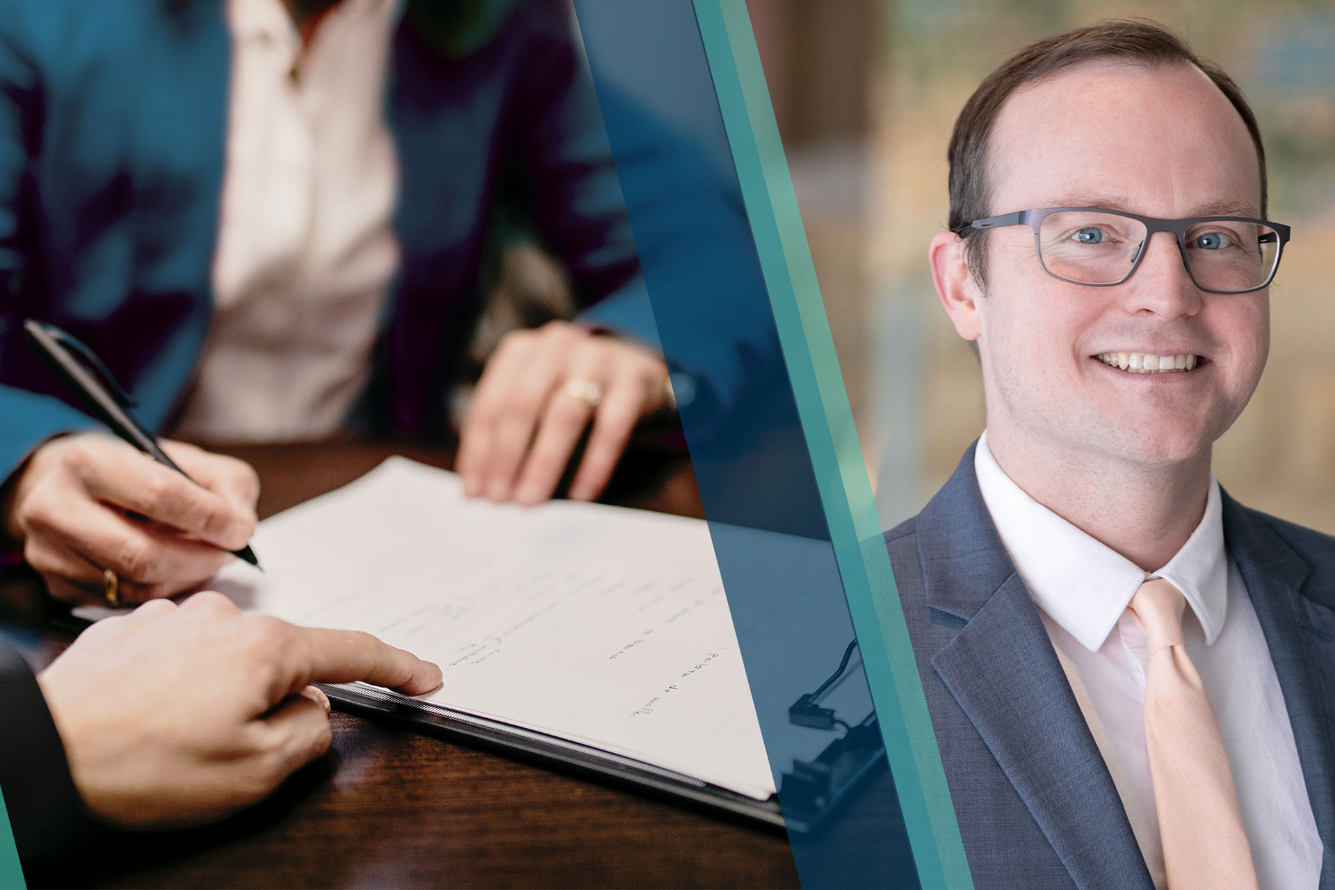 Image of person pointing to document for signature next to a headshot of Joe Mahon, Director Regional Outreach, Minneapolis Fed