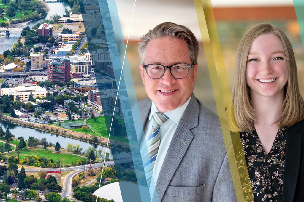 A photo collage of a small urban development next to a reivew connected to a suburban town, a headshot of Ron Wirtz, and Haley Chinander