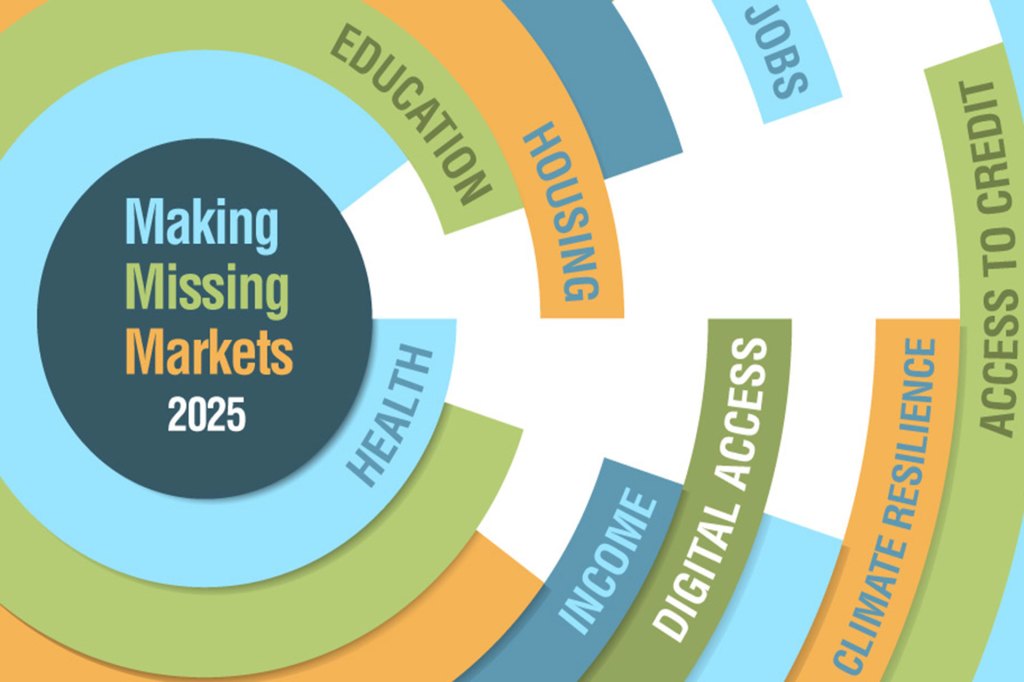 Multi-color circle chart outlining topics related to education, health, housing, income, digital access, jobs, climate resilience, access to credit.