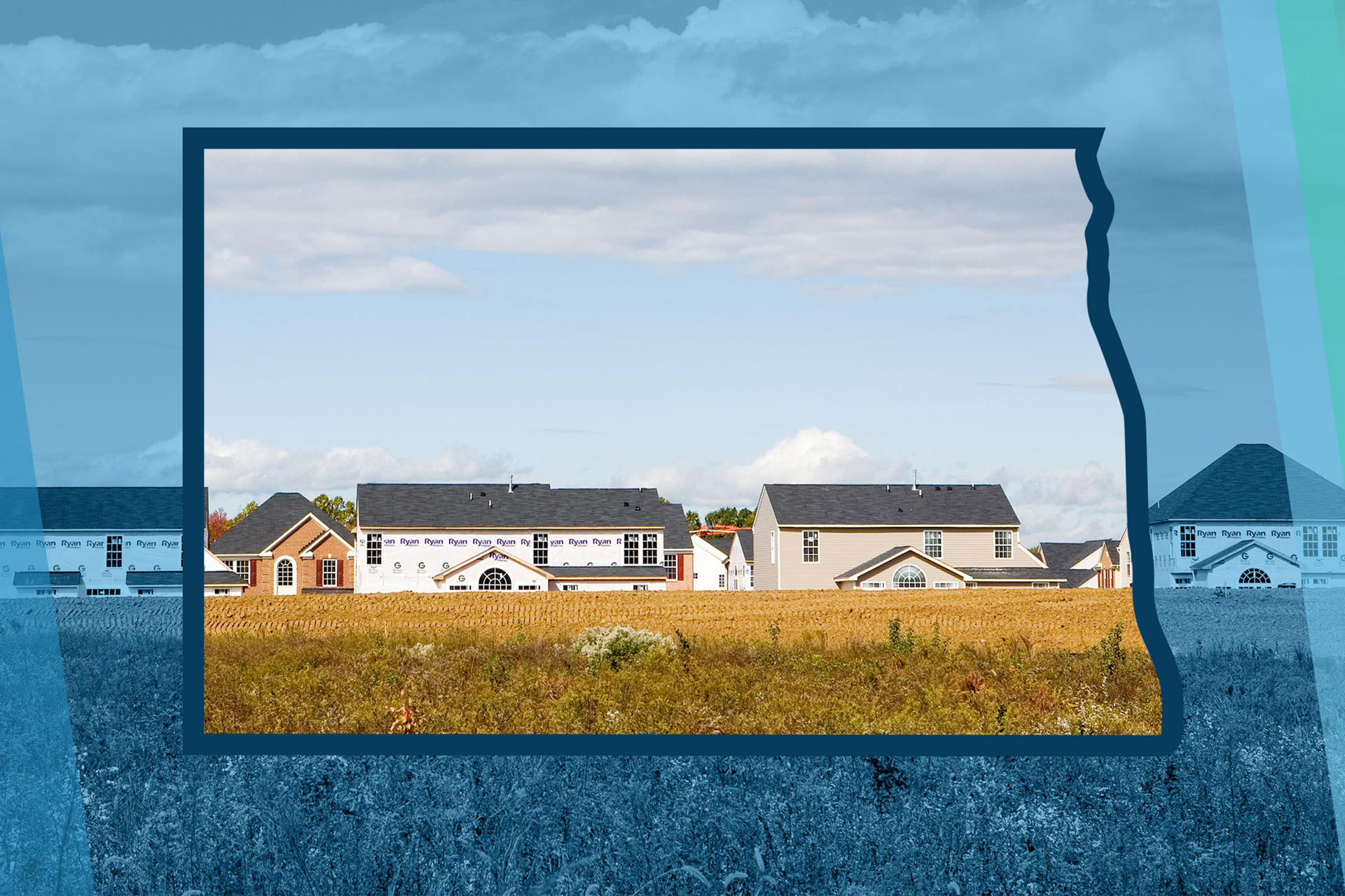 State outline of North Dakota over a new housing development.