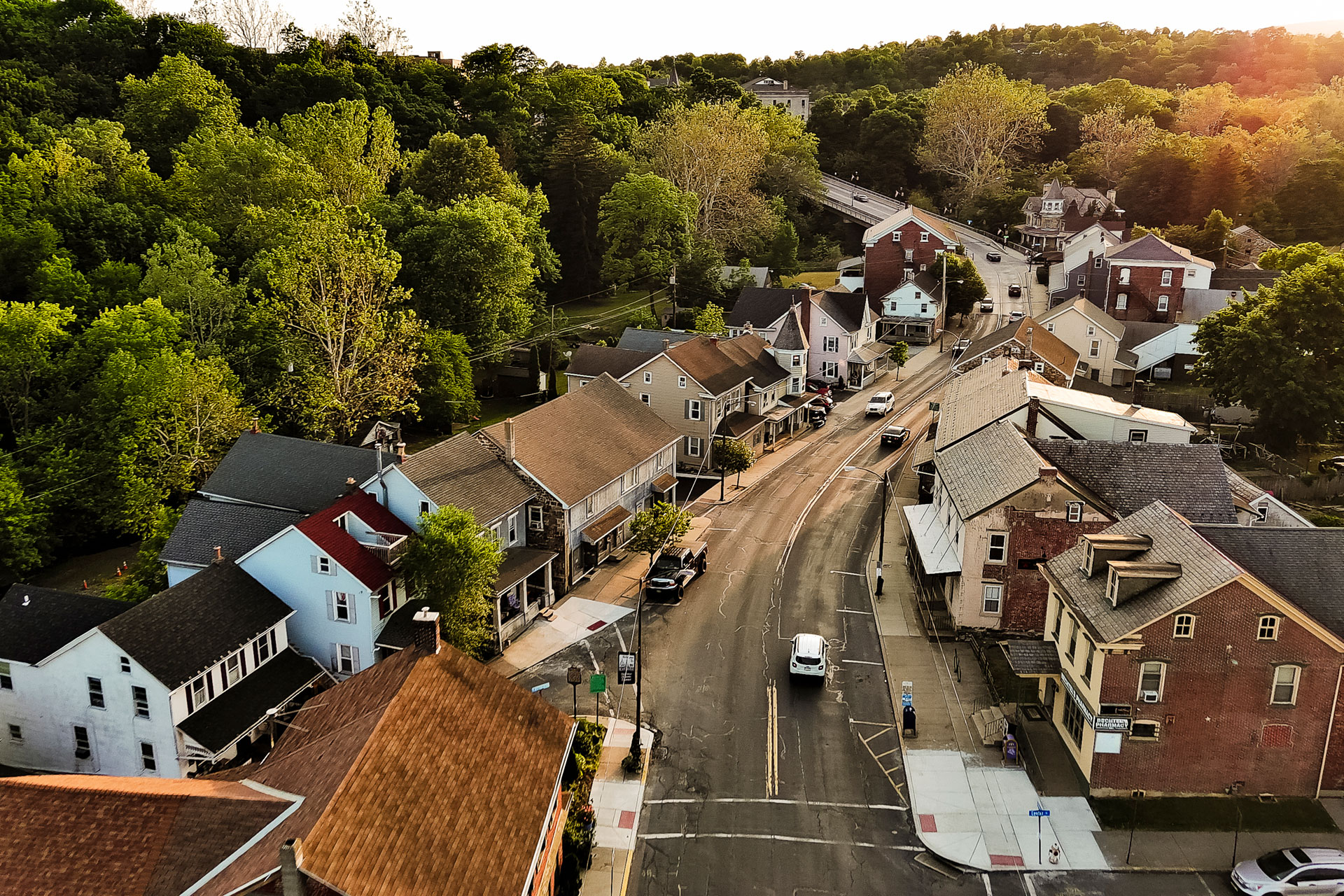 Sunny spring in Slatington, Pennsylvania. Residential area with architectural homes on Main Street