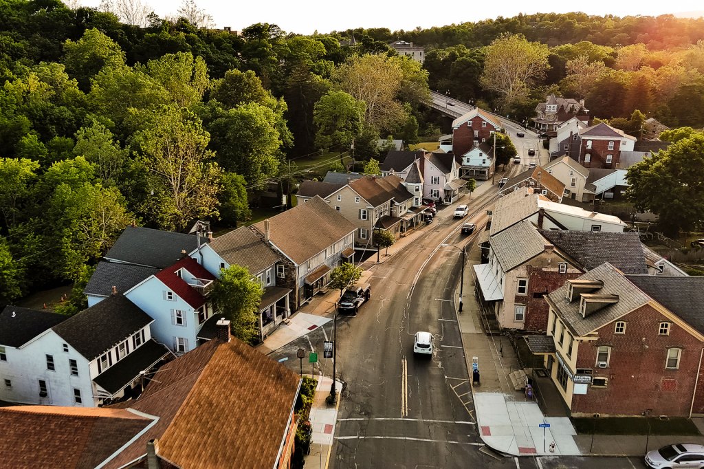 Sunny spring in Slatington, Pennsylvania. Residential area with architectural homes on Main Street