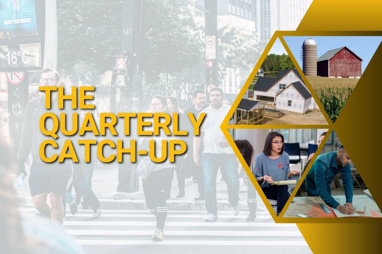 A collage of images representing community development topics ranging from housing, rural development, small business, and workforce development.