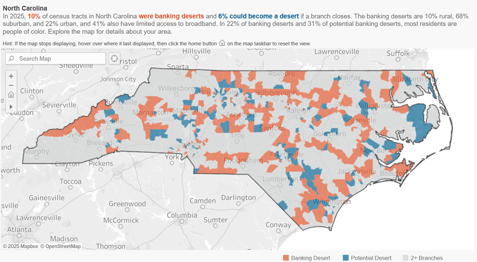 Banking deserts (orange) and potential banking deserts (blue) in North Carolina. Gray areas are neither banking deserts nor potential deserts.