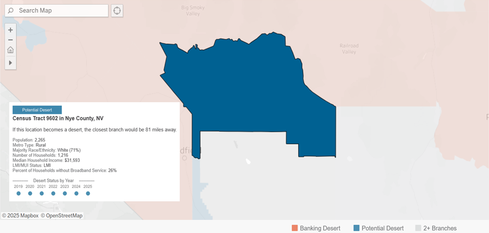 Census tract 9602.00 in Nye County, Nevada, colored blue to denote the area is a potential banking desert. Orange areas denote banking deserts, while gray areas are neither banking deserts nor potential deserts.