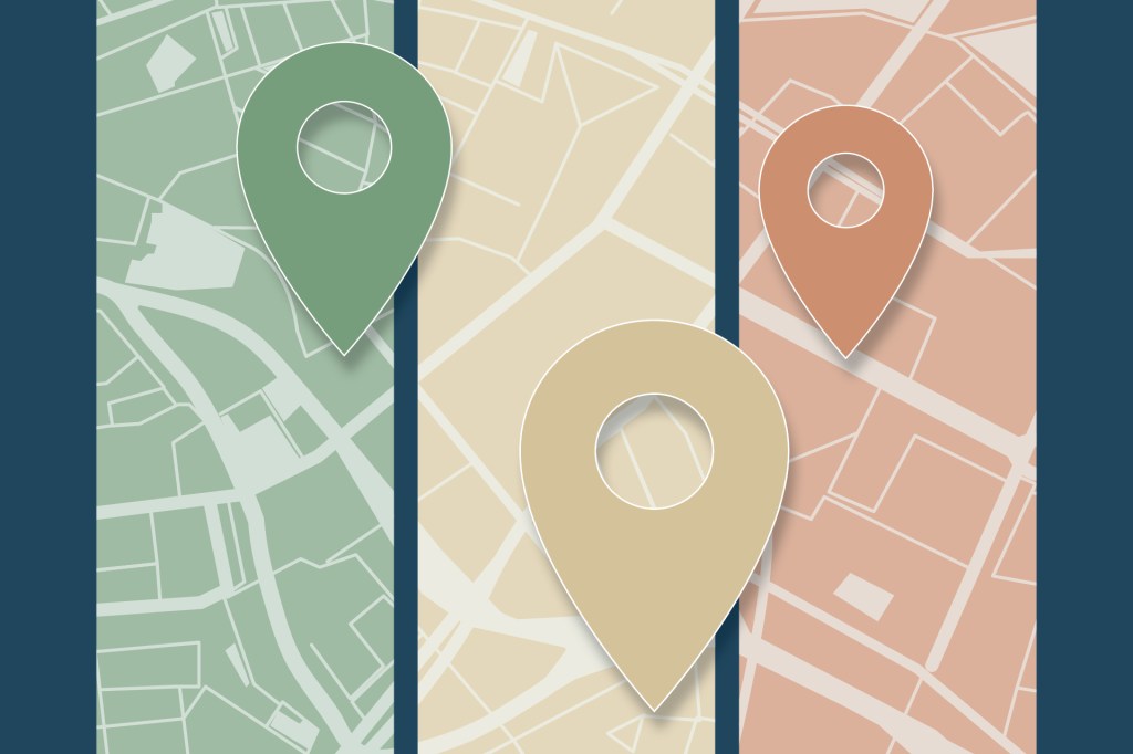 Topography map with location markers placed to represent different locations