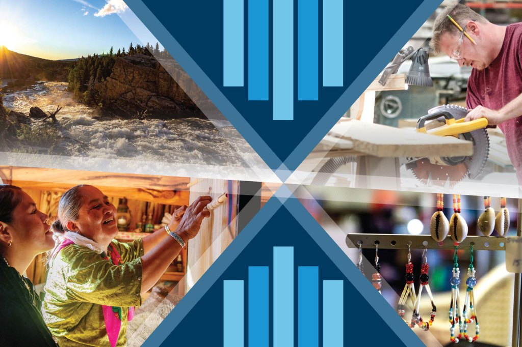 A colllague of a rushing river in Montana, a person using a woodsaw, two women using a loom; and native jewelry displayed in a retail store.