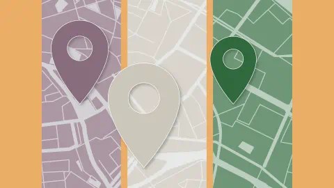 Topography map with location markers placed to represent different locations