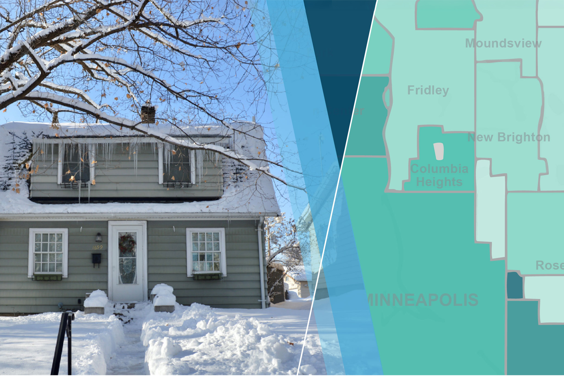 Craftsman home covered in snow next to a map of the metro Minneapolis and St. Paul, MN