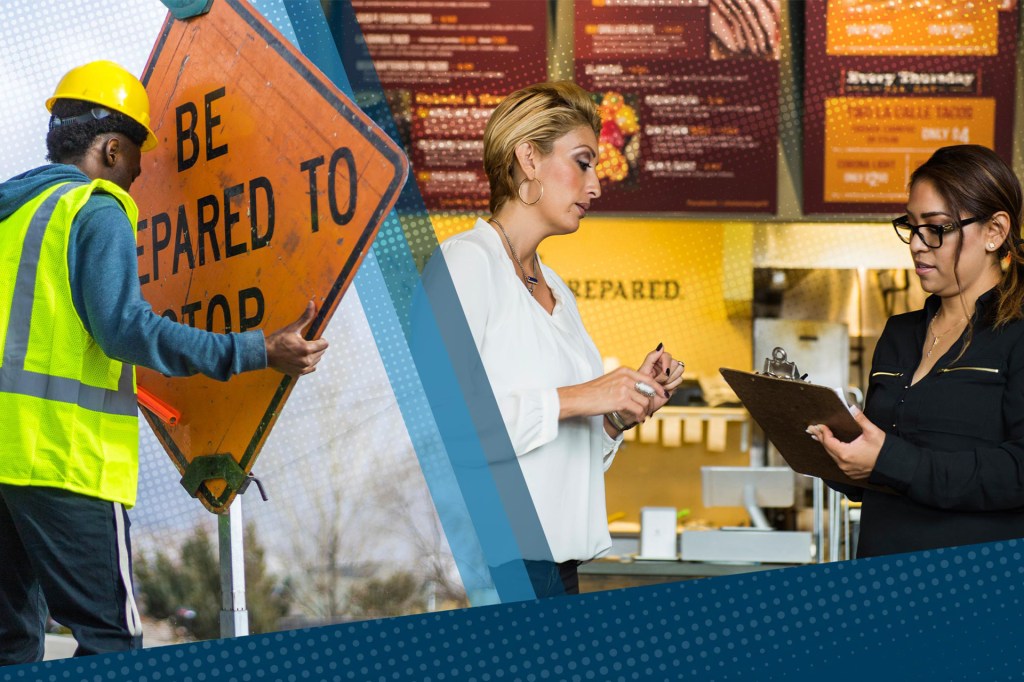 Person working in road construction moving a be prepared to stop sign and a person filling out an application at a quick service restaurant.