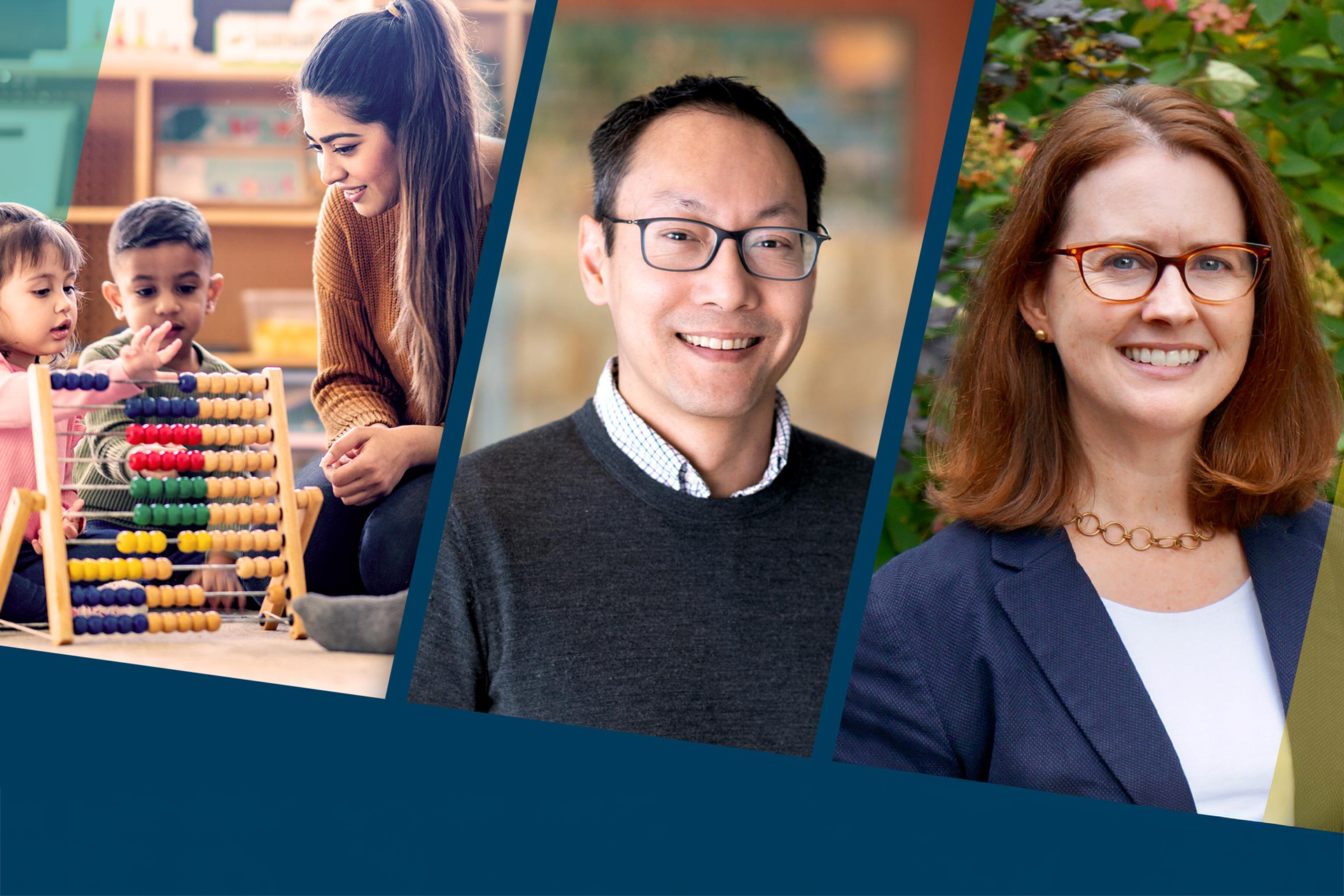 A child care provider plays with two small children in a pre-school classroom