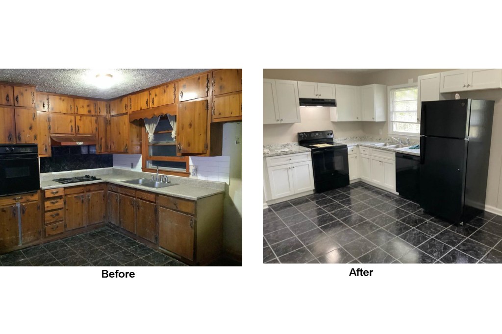 Before and after photo of a renovated kitchen. The before photo the kitchen has dark wood paneling cabinents, and outdated appliances. The after image showcases a more modern kitchen with updated appliances, white cabinents, and a granite countertop.