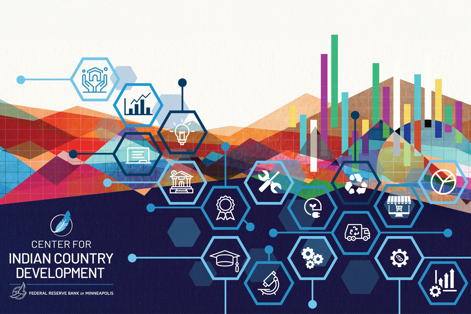 Iconography representing various functions from banking, education, economics, business, and health over various data chart types.