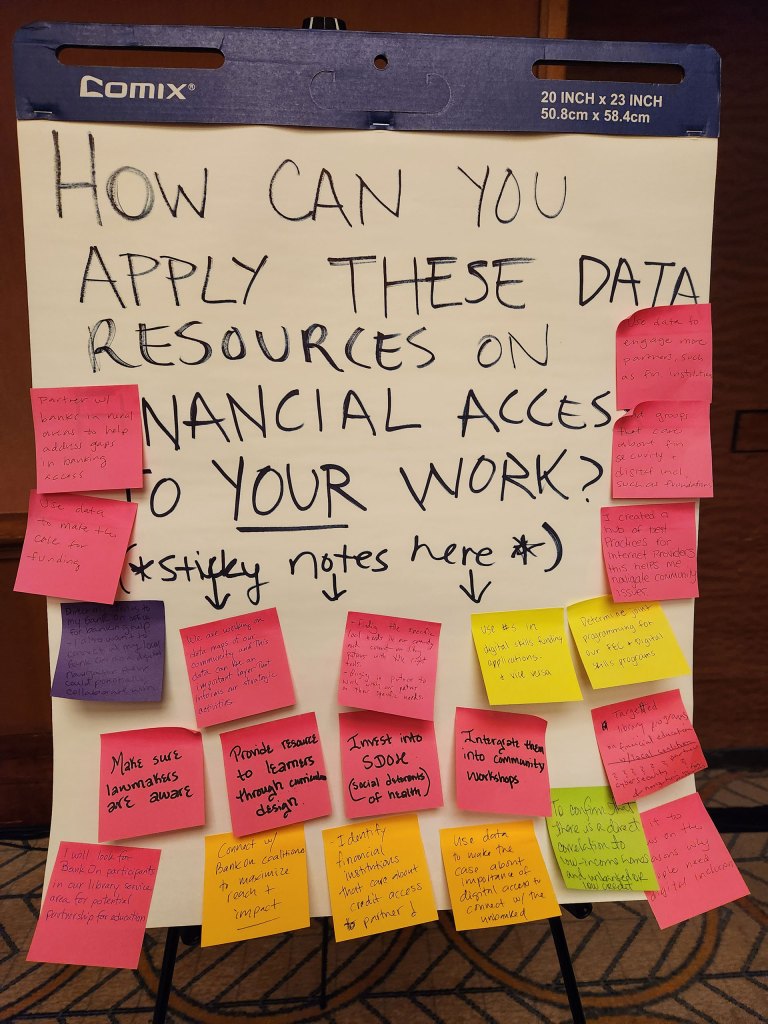 A variety of post in notes attached to a posterboard with the question that says "How can you apply these data resources on financial access to your work?"
